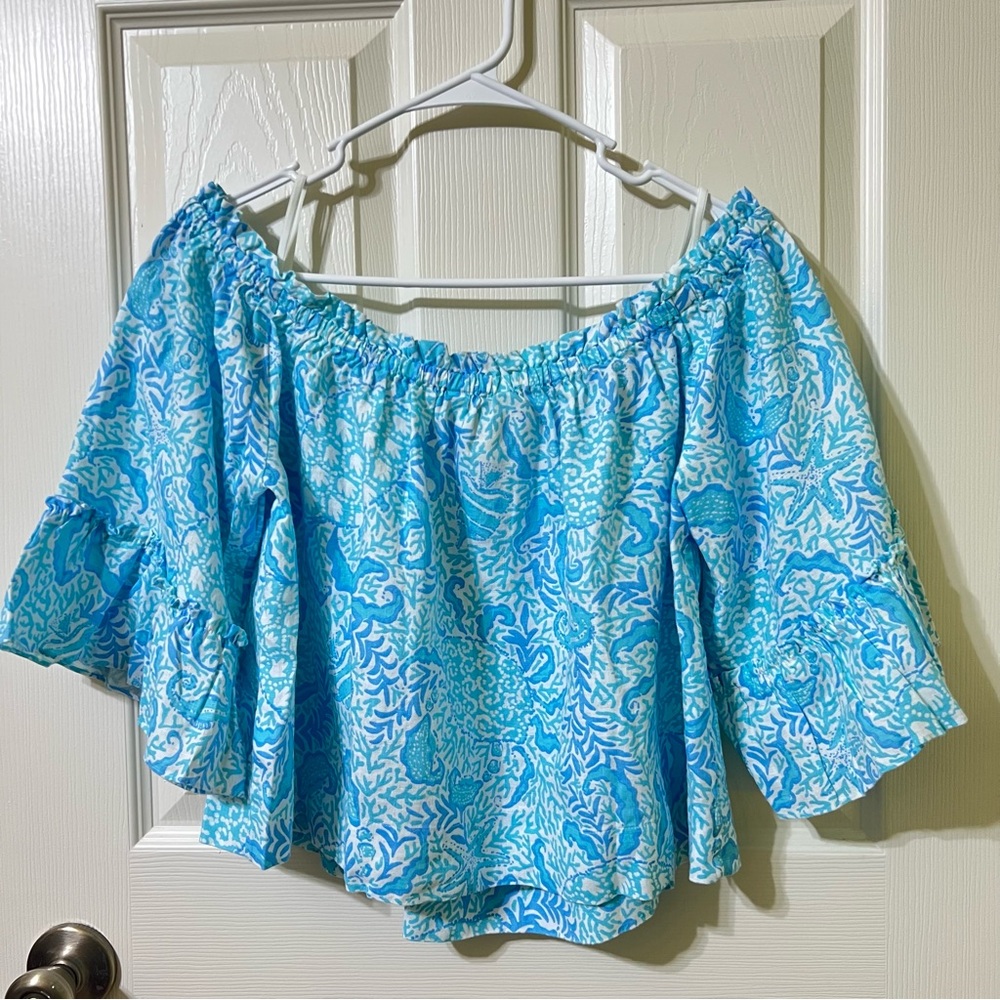 Lilly Pulitzer Resort White Goombay Grooves Croix Off-the-Shoulder Linen Top NWT